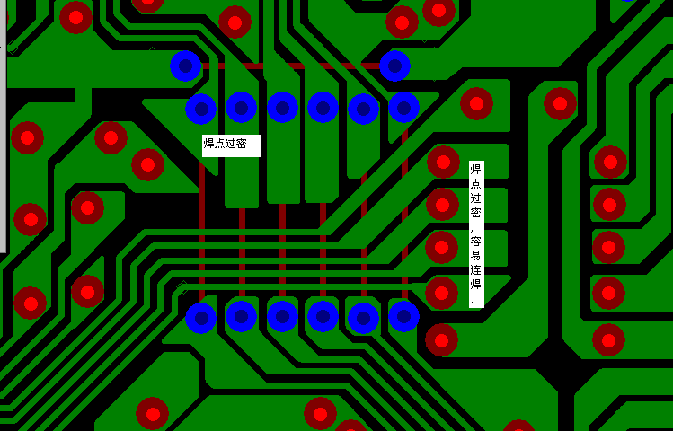 PCB設計焊點過密，易造成波峰連焊，焊點間漏電