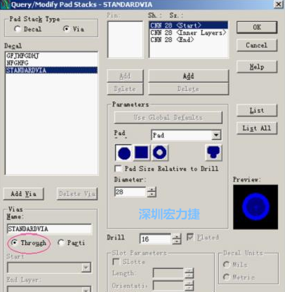 分析文件完成后，點(diǎn)擊菜單Setup→Pad Stacks調(diào)出焊盤(pán)堆設(shè)置窗口，將Pad Stack Type改為Via