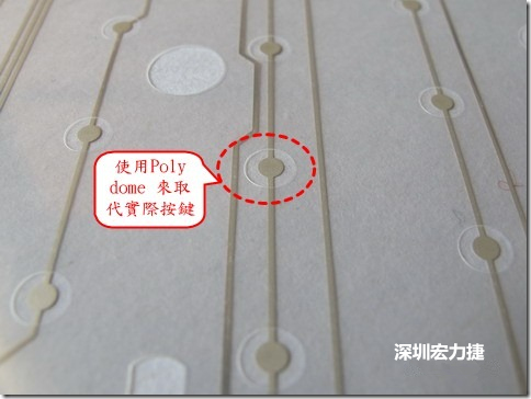 仔細看下面的第一張圖片，在圓形的節點旁邊有個圓形的開口，這個開口墊高了鍵盤按鍵的接觸點線路。